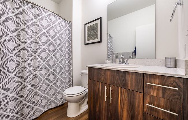 bathroom with large mirror, toilet and shower tub combo