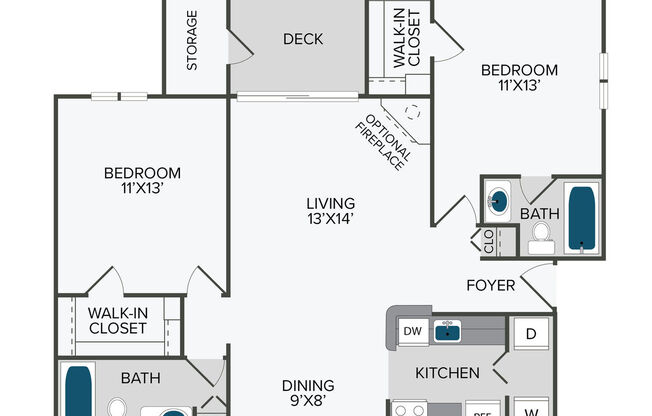 2 beds, 2 baths, 956 sqft, $2,432