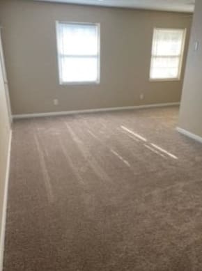 an empty room with a carpeted floor and two windows