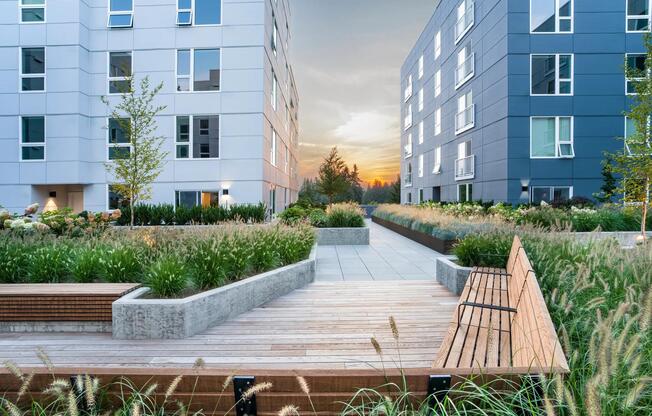 Unwind in Modera Shoreline’s courtyard, where greenery and open-air seating create the perfect backdrop for peaceful evenings near the Sound.