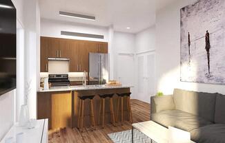 a rendering of a kitchen and living room in an apartment