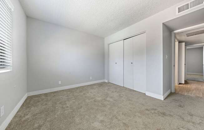 a bedroom with a carpeted floor and a closet with two doors