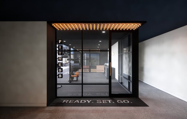 Entrance to the club-quality fitness studio at Modera Beaverton.