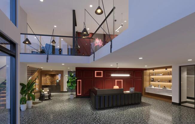 Hotel-inspired lobby at Modera SoBro in Nashville, TN.