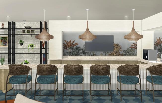 A warm, co-working hub designed for convenience, with natural textures and statement lighting setting the tone.