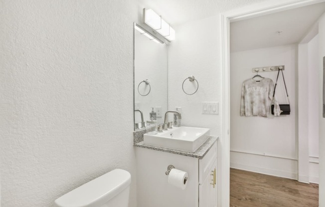 a bathroom with a sink and a mirror and a toilet