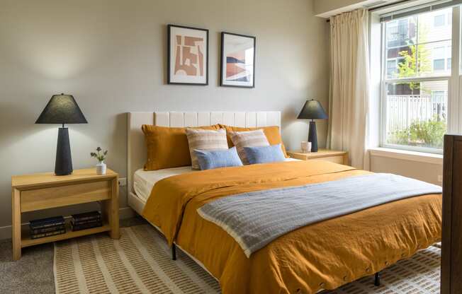 a bedroom with an orange bedspread and orange pillows