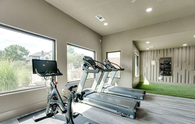 a home gym with treadmills and exercise bikes