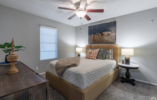 carpet bedroom with ceiling fan