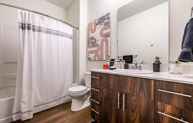 bathroom with large mirror, toilet and shower tub combo
