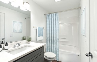 a bathroom with a shower and a sink and a mirror