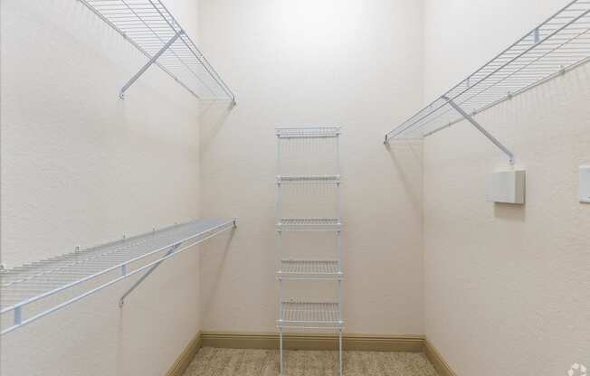 a walk in closet with a ladder