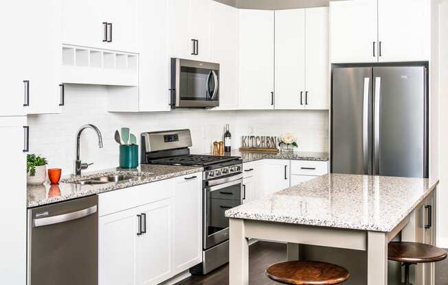 Modern kitchen with sleek stainless steel appliances, granite countertops, a built-in dishwasher, and a stylish gas range. Minnetonka, MN.