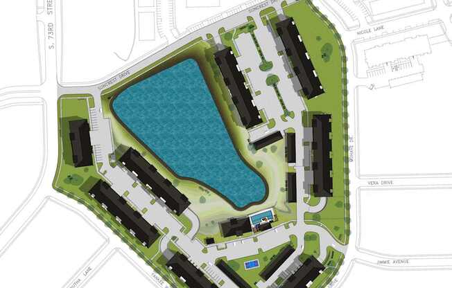 A map shows a layout of streets and a lake surrounded by buildings.