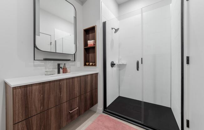 Full size bathroom at TREO apartments, Cleveland, 44116