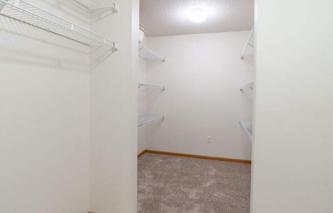 A white closet with a carpeted floor and a light on the ceiling. Fargo, ND Stonebridge Apartments