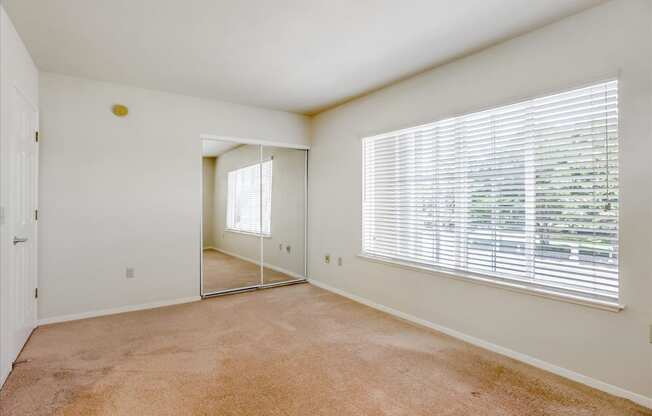 A room with a carpeted floor and a window with blinds.