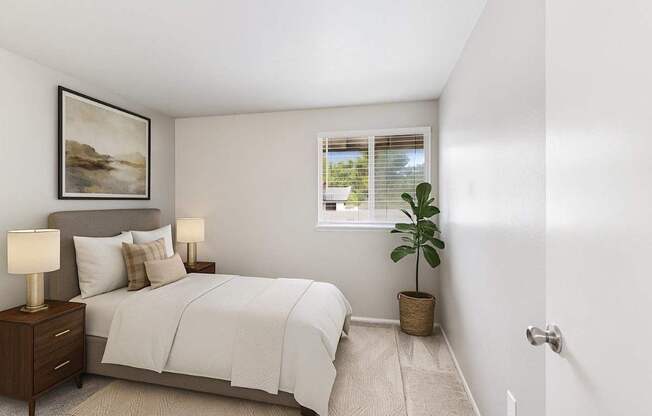 A bedroom with a bed, nightstands, and a plant.