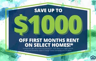 A promotional image offering up to $1000 off the first month's rent on select homes.