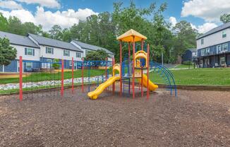 a group of people standing in front of a playground