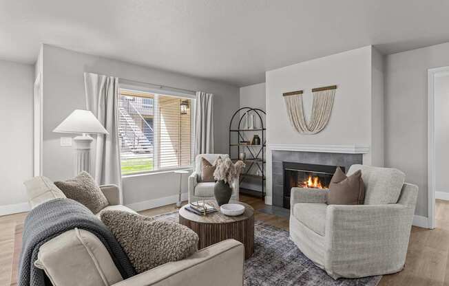 a living room with couches and chairs and a fireplace