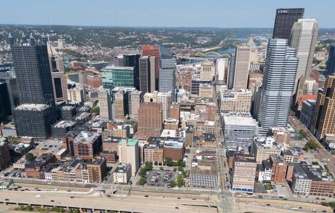 an aerial view of the city at The Commonwealth Building, Pittsburgh, 15222