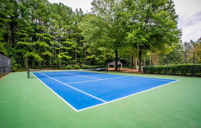 a tennis court with blue and green turf and trees