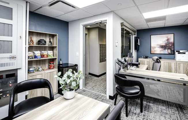 a salon room with a table and chairs and a counter