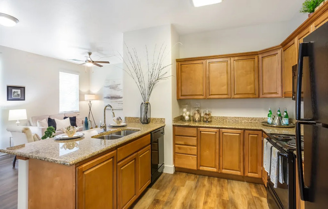 Kitchen with Black Appliances at San Moritz