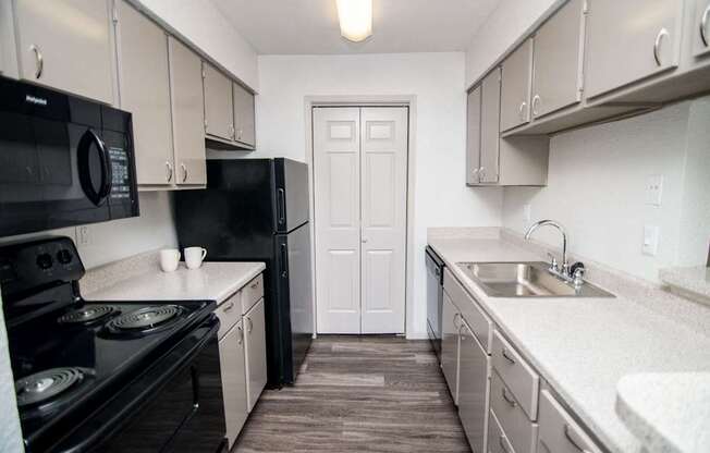 Designer kitchen with black appliances and gray cabinetry.