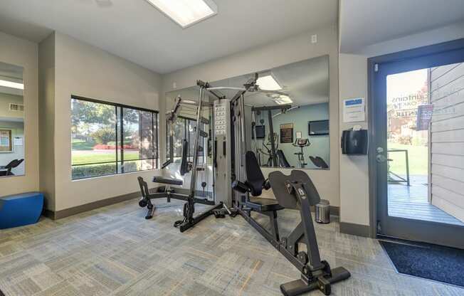 Fitness center entrance.  Room has large weight systems, carpeting, mirrors and several windows.
