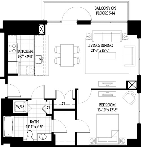 1 bed, 1 bath, 873 sqft, $3,410, Unit 502