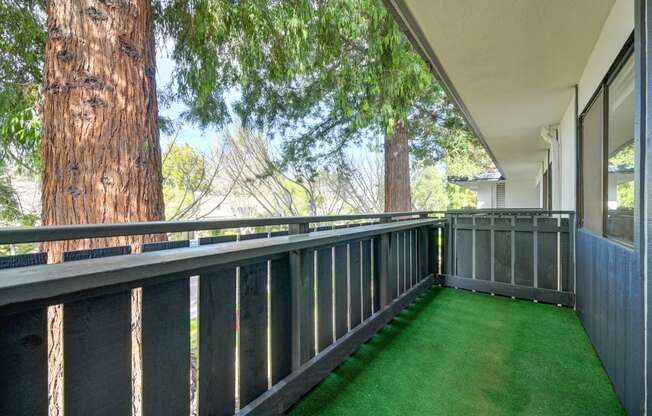 a balcony with green turf and a large tree