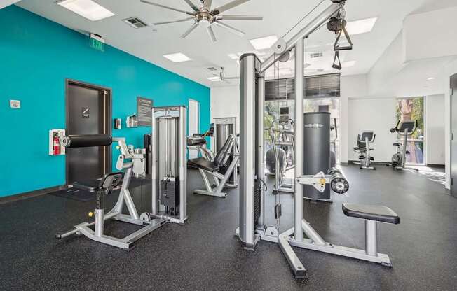 A fitness center with a variety of equipment including a squat rack, a leg press machine, and a bench press.