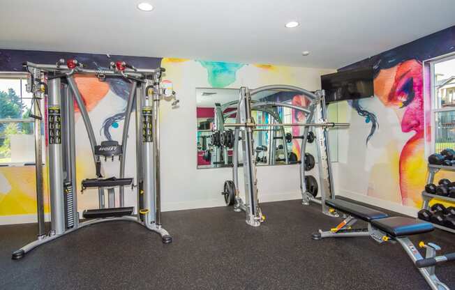 a gym with weights and cardio equipment and a painting on the wall