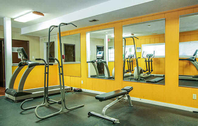 a gym with cardio equipment and mirrors in a building