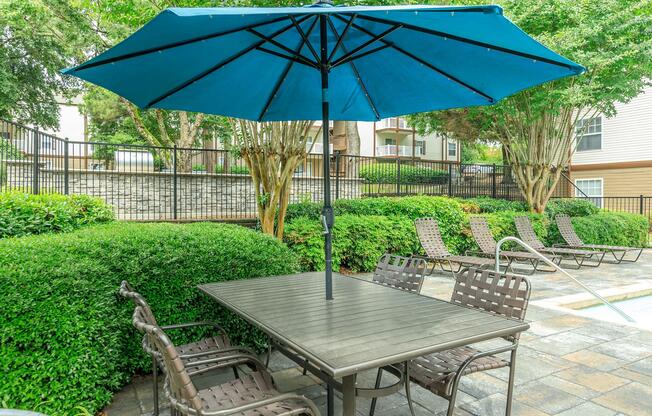 a table topped with a blue umbrella