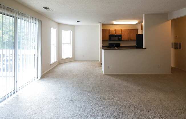 A living room with a carpet floor and a patio door