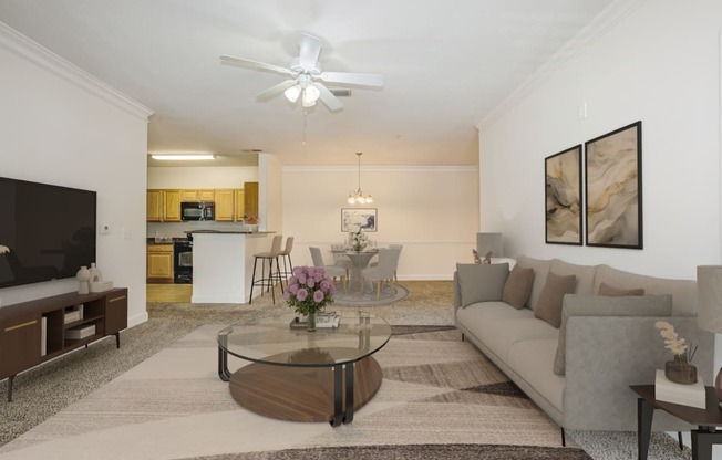 a living room with a couch and a table