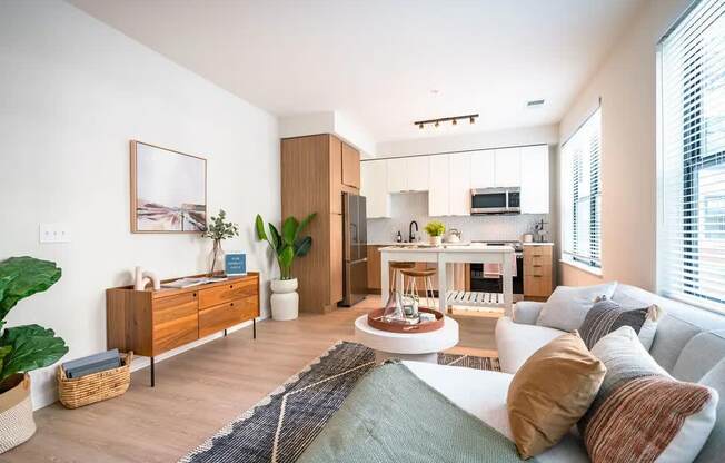 a living room with a couch and a table