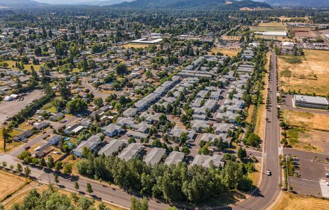 an aerial view of a neighborhood with houses and trees