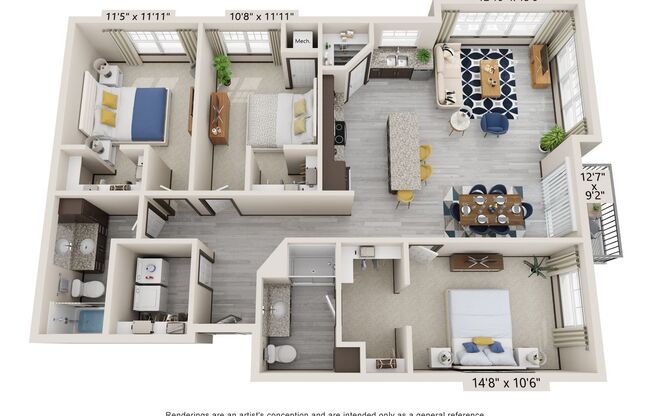 3 beds, 2 baths, 1,465 sqft, $2,500, Unit APT. C202