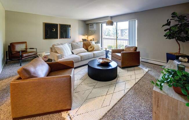 a living room with a couch and chairs and a rug