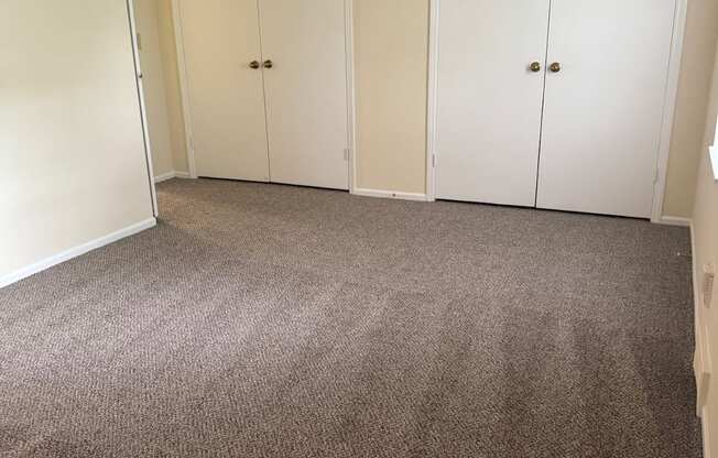 A room with two white doors and carpeted floor.