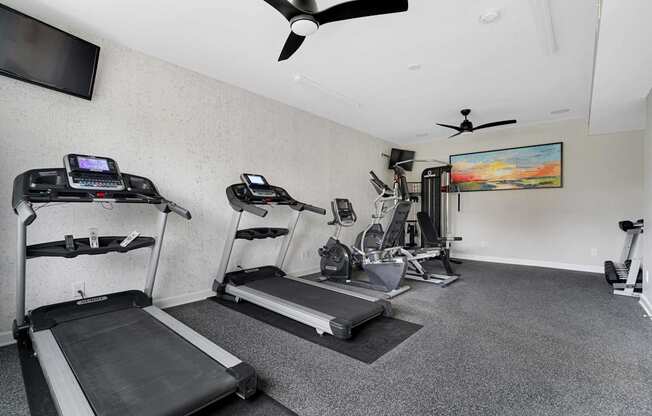 the Stonewater Park Apartments gym is equipped with treadmills, ellipticals, machines, free weights, and other exercise equipment