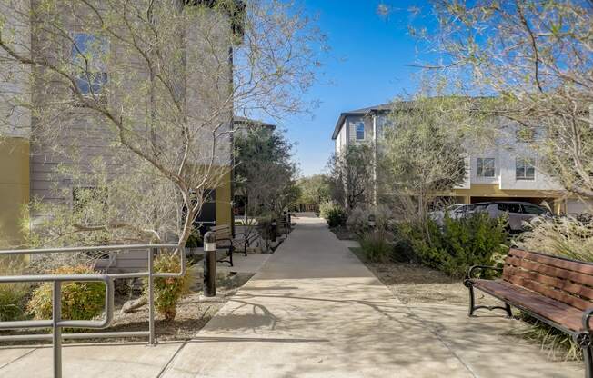 a sidewalk with benches and trees in front of buildings