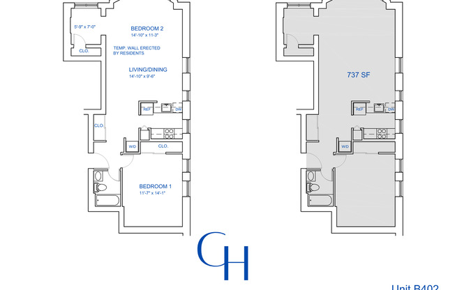2 beds, 1 bath, 733 sqft, $2,041, Unit B-402