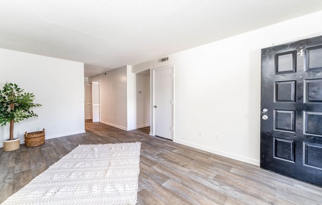 a living room with a black door and a rug