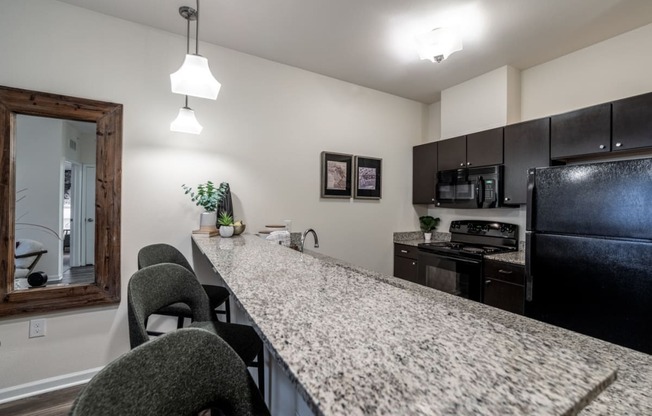 view of kitchen with granite counter top and black appliances at the preserve at greatstone at 310 at Nulu Apartments-Student, Louisville Kentucky