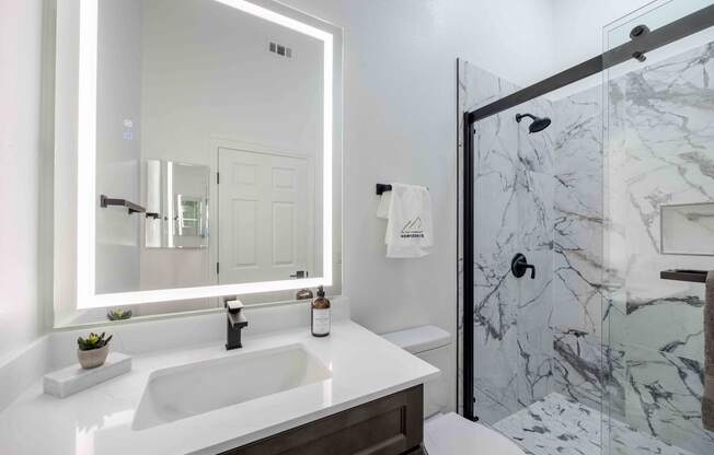 a bathroom with a sink and a shower and a mirror